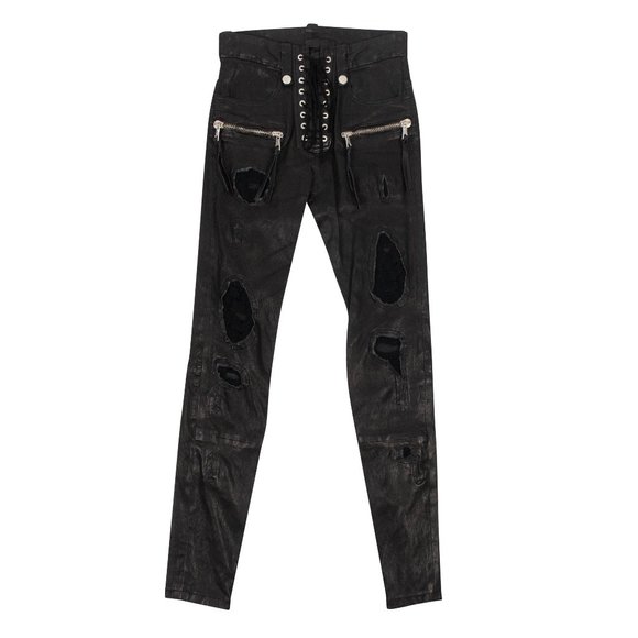 UNRAVEL PROJECT Black Leather Distressed Lace Up Skinny Pants Size 24 $1995 - Picture 1 of 7